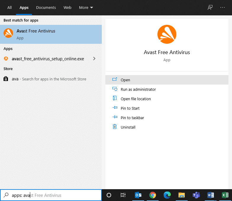 Navigate to the search menu, type Avast and open the best results