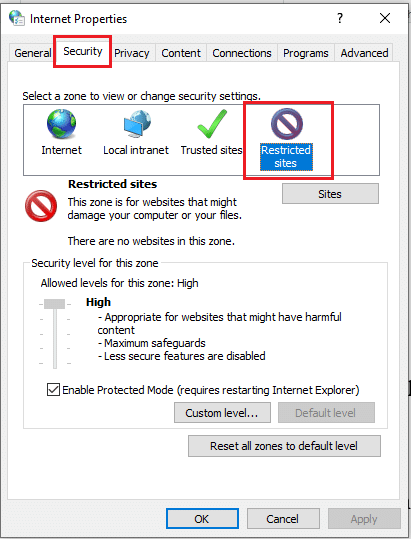 Navega ata a pestana Seguridade e fai clic no botón Sitios restrinxidos. Como desbloquear un sitio web en Windows 10