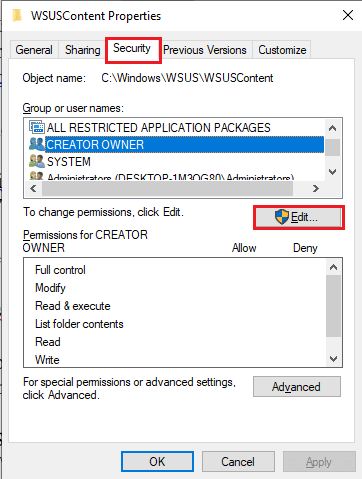 select the user account in the Group or username section and click on the Edit… button. Fix WSUS Administration Console Unable to Connect WSUS Server via Remote API