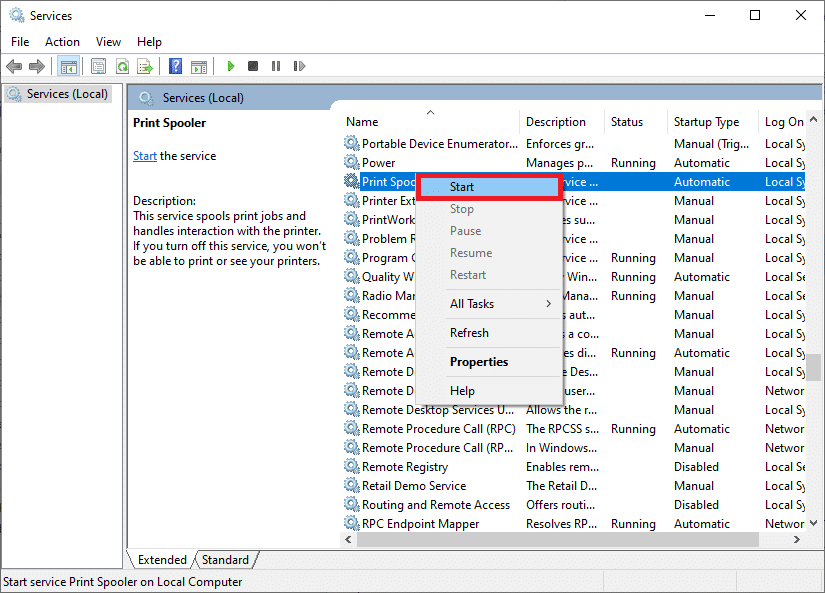 перейдите к окну «Службы» и щелкните правой кнопкой мыши «Диспетчер очереди печати», как вы это делали ранее. Теперь выберите опцию «Пуск». Исправить доменные службы Active Directory в настоящее время недоступны в Windows 10