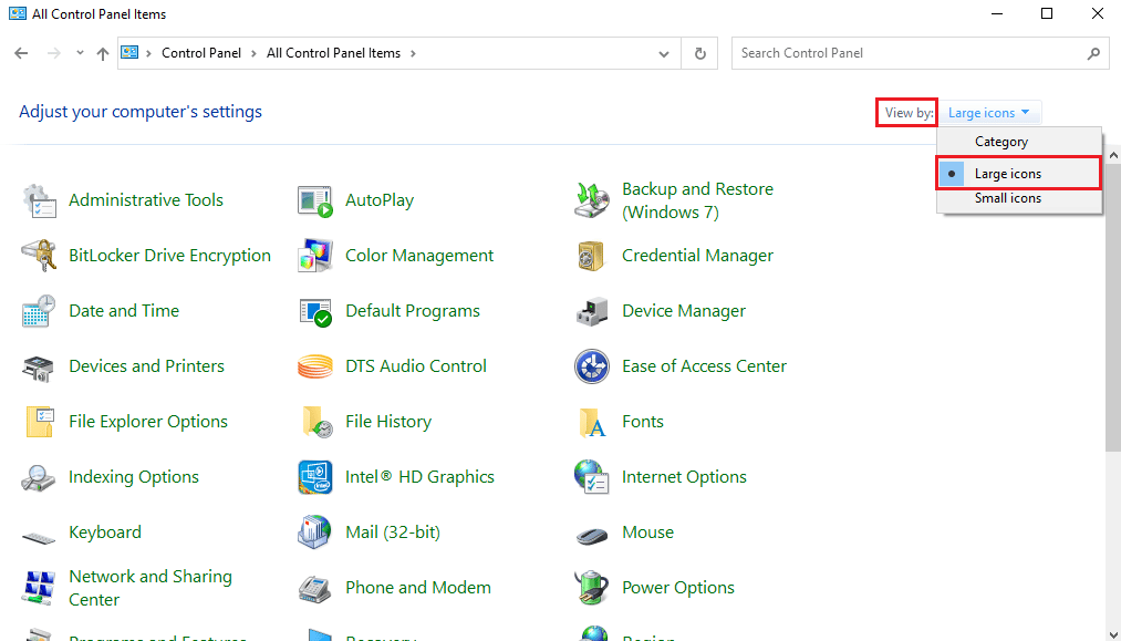 navigate to the View by drop down options and select the Large icons