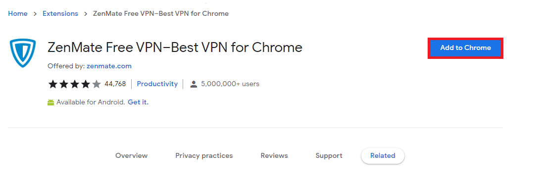 Navigate to the ZenMate Free VPN download page and click on Add to Chrome button. how to access blocked sites in Chrome
