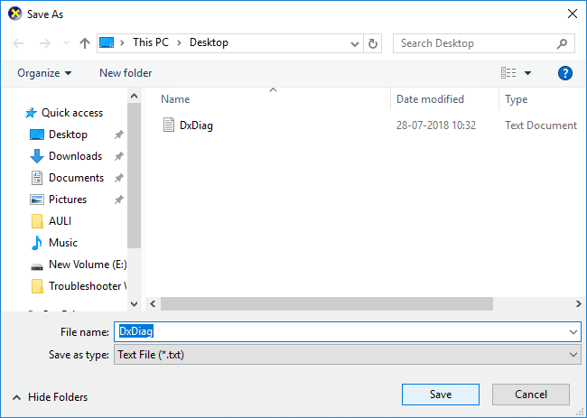 Navigate to where you want to save dxdiag file & click Save