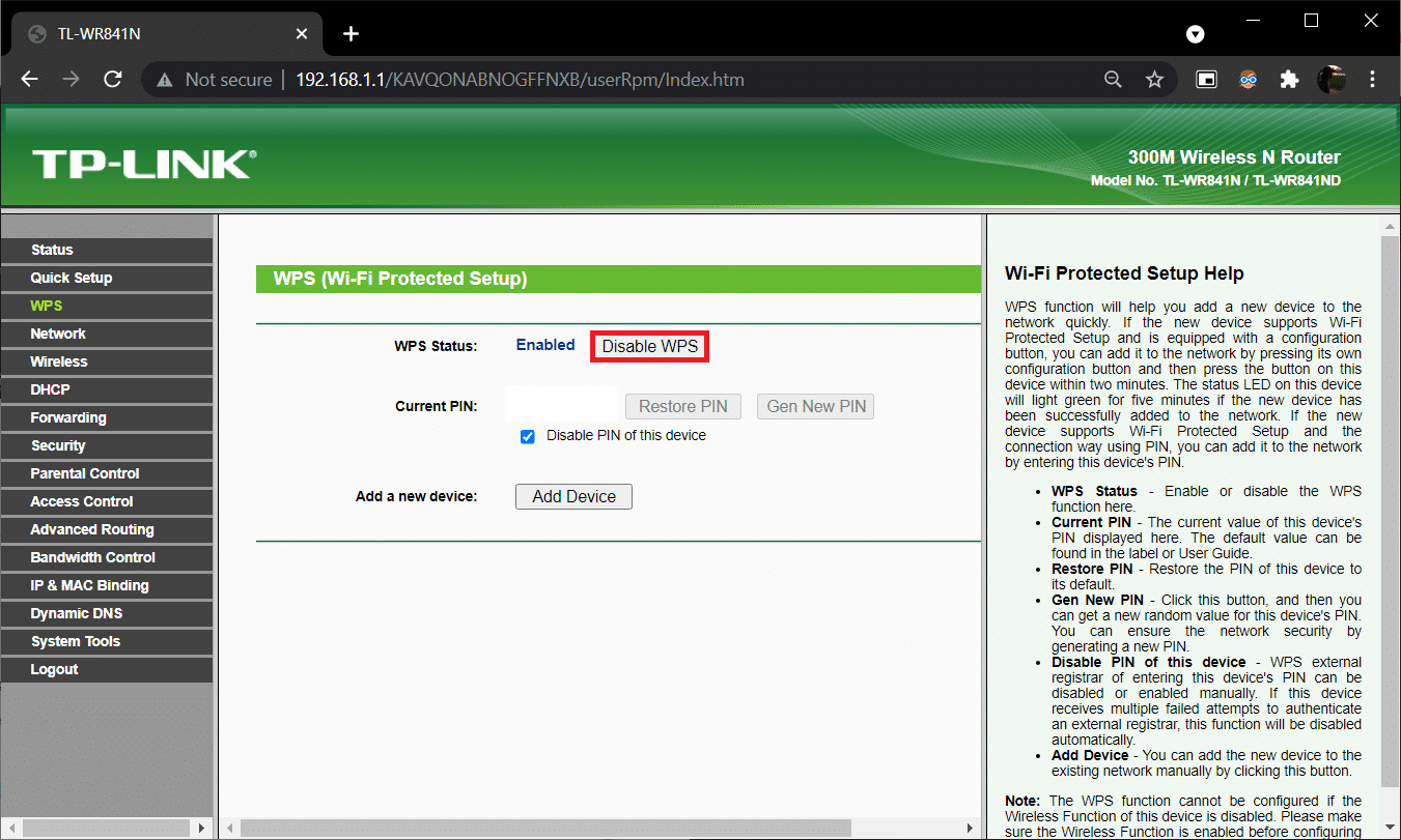 Navegue a la página WPS y haga clic en Desactivar WPS. Cómo reparar el dispositivo Amazon KFAUWI que aparece en la red