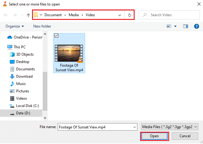 Navigate to your media file in File Explorer. Click Open to launch your video.