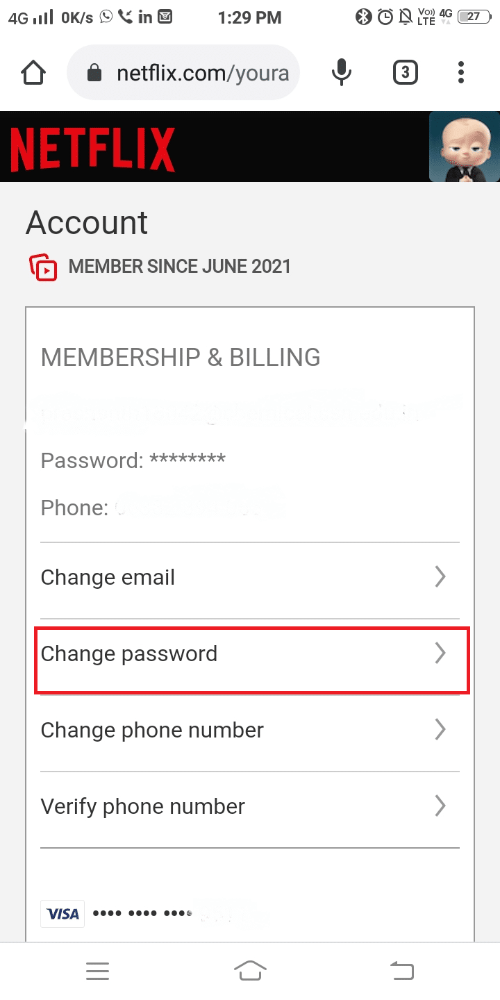 Учетная запись Netflix будет открыта в браузере. Теперь нажмите «Изменить пароль», как показано.