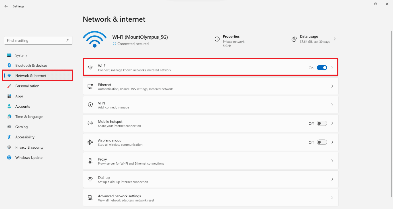 Network & internet section in the Settings | How to Change DNS on Windows 11