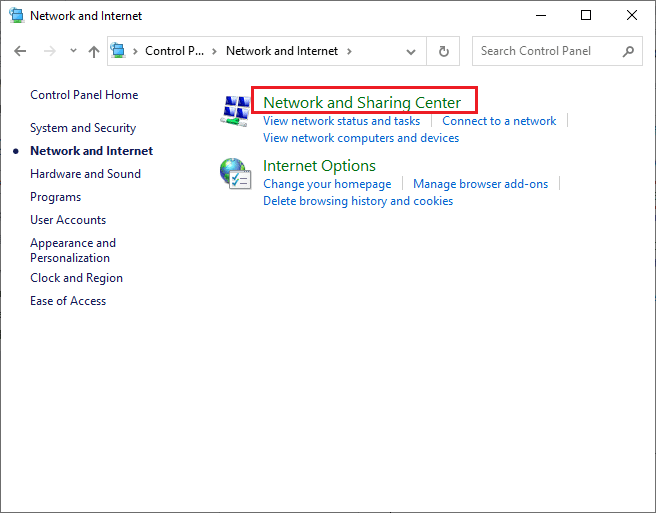 Network and Sharing Center option 