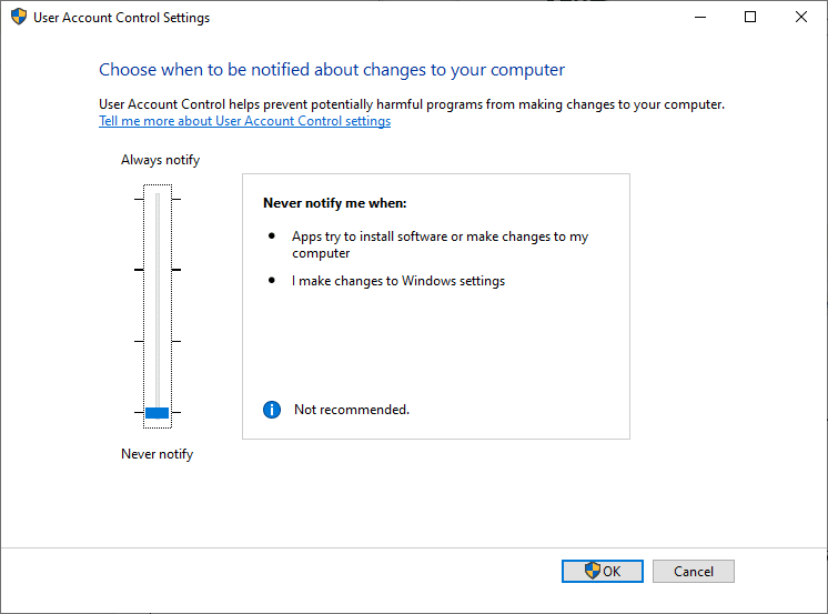 UAC Never notify me when: 
