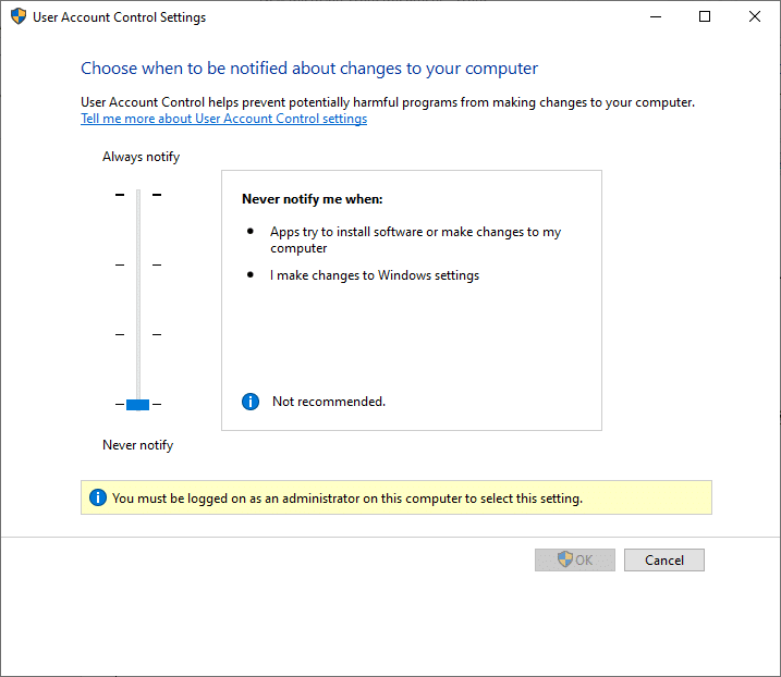 UAC Never notify me when: how to disable User Account Control in Windows 7,8,10