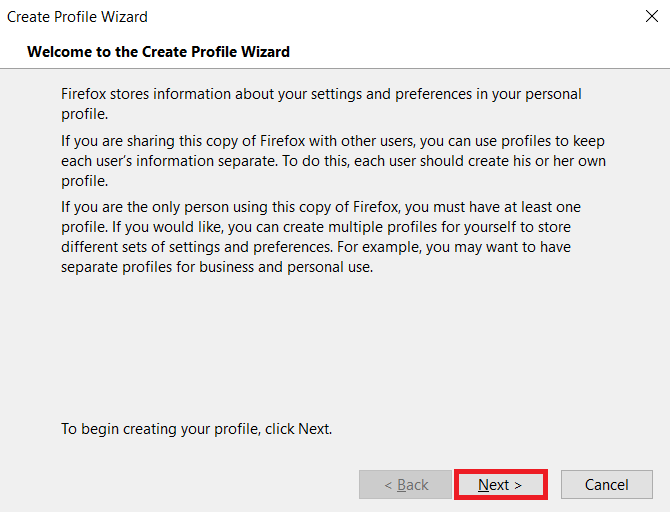 Next button  Create Profile Wizard window