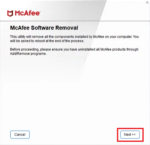 Next button. How to Uninstall McAfee LiveSafe in Windows 10