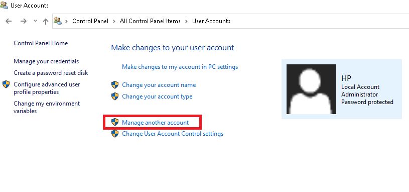 Next, click on Manage Another Accounts, as shown. Fix 0x80004002 No such interface supported on Windows 10