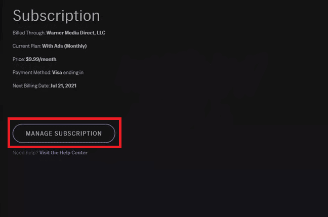Next, click on MANAGE SUBSCRIPTION.