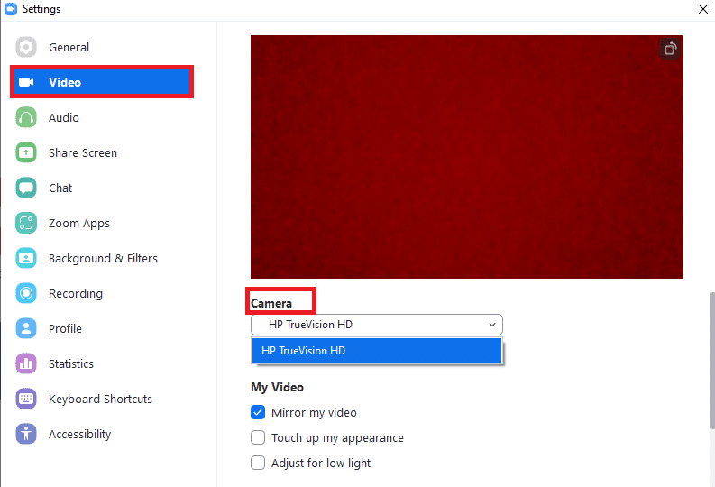 Next, in the left pane, click on the Video menu and scroll down the main page to choose the correct Camera from the drop-down menu