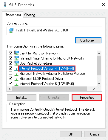 Next, in the Wi Fi Properties window, select Internet Protocol Version 4 and click on Properties.