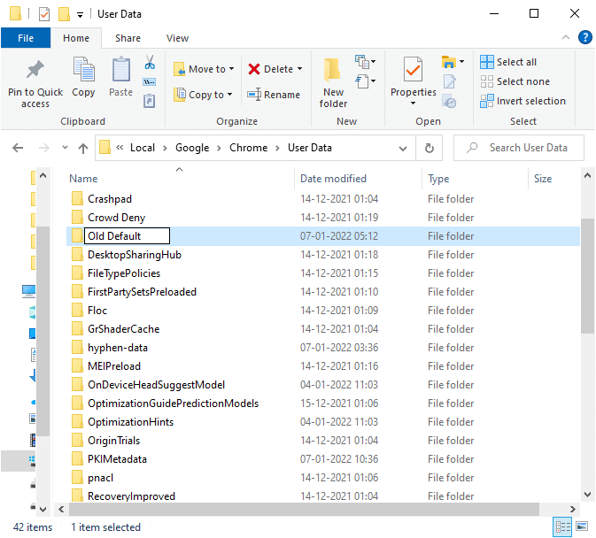 Next, rename the folder to Old Default and hit Enter