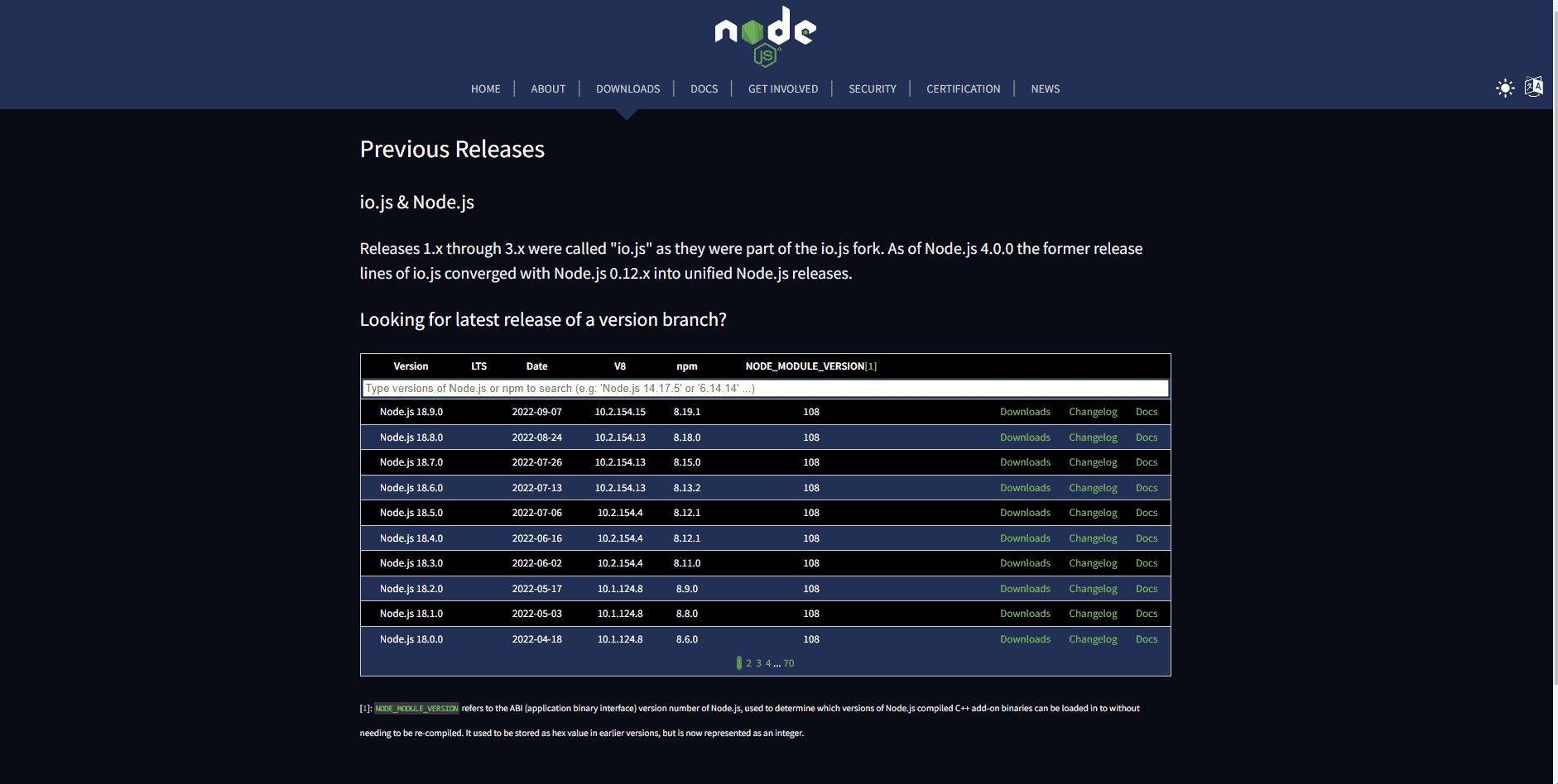 node js previous release page