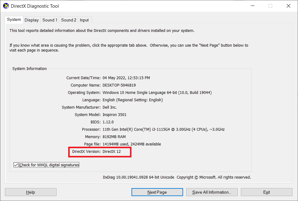 Note down the DirectX version. Fix Skyrim Won’t Launch in Windows 10
