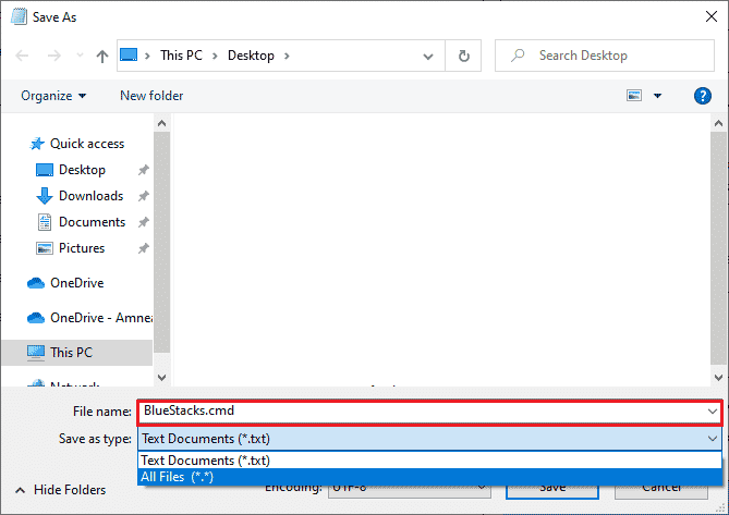 Ändern Sie das Dropdown-Menü „Speichern unter“ in „Alle Dateien“ und speichern Sie dann die Datei unter einem Namen mit der Erweiterung „CMD“.