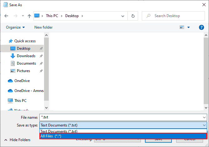 измените раскрывающееся меню «Тип сохранения» на «Все файлы», затем сохраните файл с именем, имеющим расширение CMD.