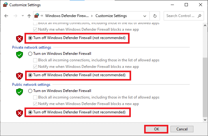 Now, check the boxes next to the Turn off Windows Defender Firewall option. How to Fix Discord Screen Share Lag