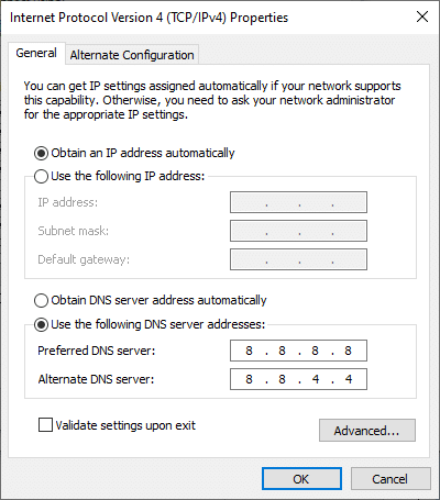 Now, check the boxes “Obtain an IP address automatically” and “Use the following DNS server address”.