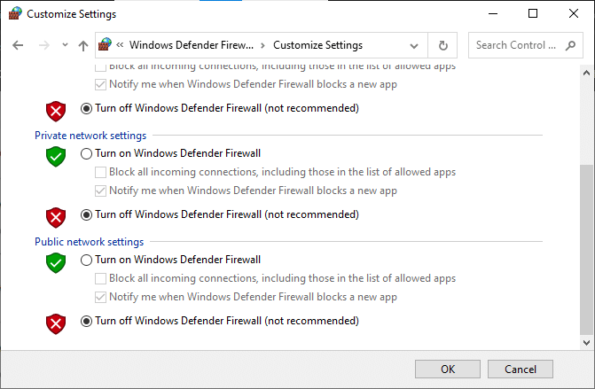 Now, check the boxes turn off Windows Defender Firewall not recommended 