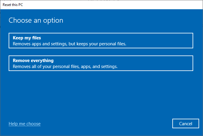 Теперь выберите вариант в окне «Сбросить этот компьютер». Исправлено: ошибка DISM 87 в Windows 10.