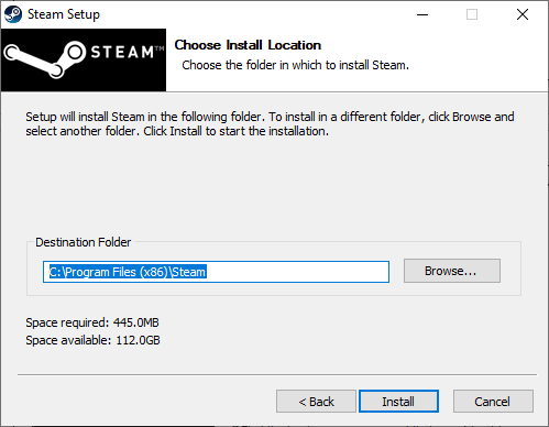 Now, choose the destination folder by using the Browse… option and click on Install. steam repair tool
