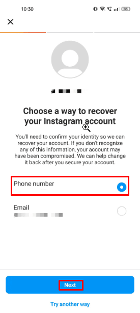Now Choose the Phone number option to recover your Instagram account, if you have forgotten your email address.