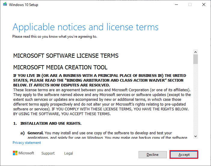 Now, click on Accept button in the Windows 10 Setup window. Fix Can’t Install Cumulative Update KB5008212 in Windows 10