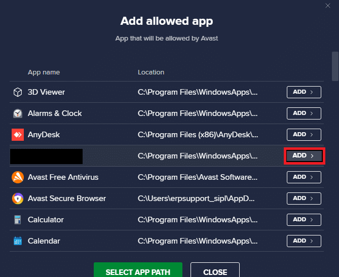 Now, click on ADD option corresponding to Zoom to add the application to the whitelist. Fix Zoom Unable to Connect Error Code 5003