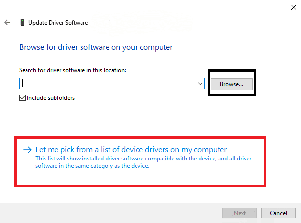 Now, click on Browse my computer for driver software followed by Let me pick from a list of available drivers on my computer in the upcoming pop-up.