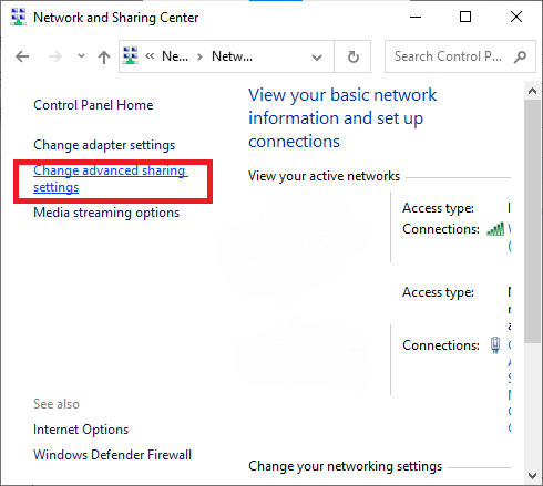 . Now, click on Change advanced sharing settings | Windows 10 Network Sharing Not Working- Fixed