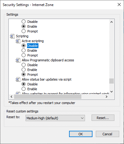 Now, click on Disable icon under Active scripting and click on OK | How to Enable/Disable JavaScript in Your Browser