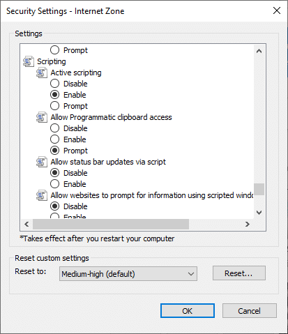 Now, click on Enable icon under Active scripting and click on OK.