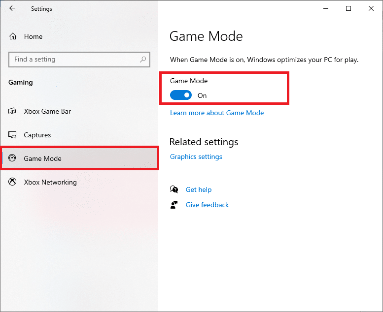 Now, click on Game Mode from the left pane and toggle ON the Game Mode setting.