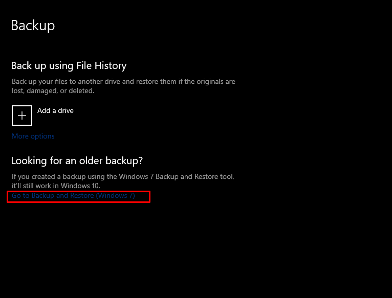Now click on Go to Backup and Restore(Windows 7) under the Backup menu