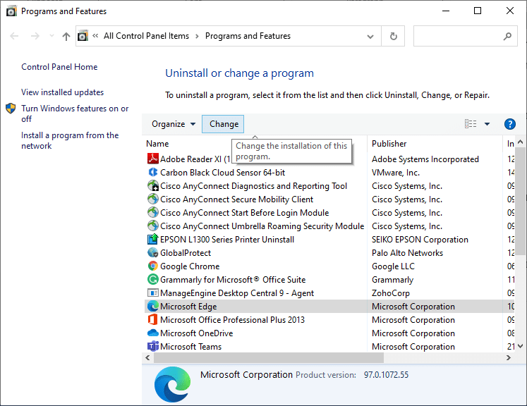 Now, click on Microsoft Edge and select the Change option.