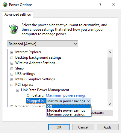 Now, click on Plugged in and change the setting to Off from the drop-down list 