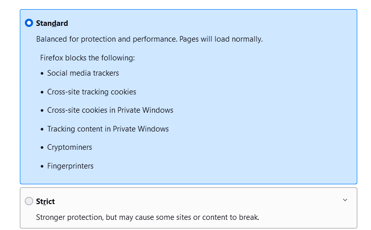 select Standard option in Browser privacy. How to Fix Firefox Not Loading Pages