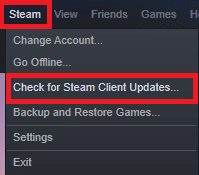 Now, click on Steam followed by Check for Steam Client Updates… 