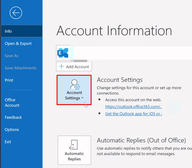 Now click on the Account Settings option, under the Info menu to open the Account Settings drop-down menu. | What is the Outlook Yellow Triangle? | exclamation point on your email icon