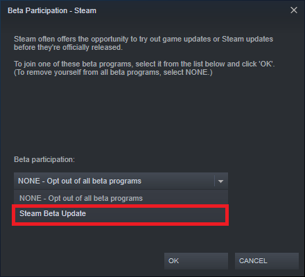 Now, click on the drop down menu and choose the option Steam Beta Update.