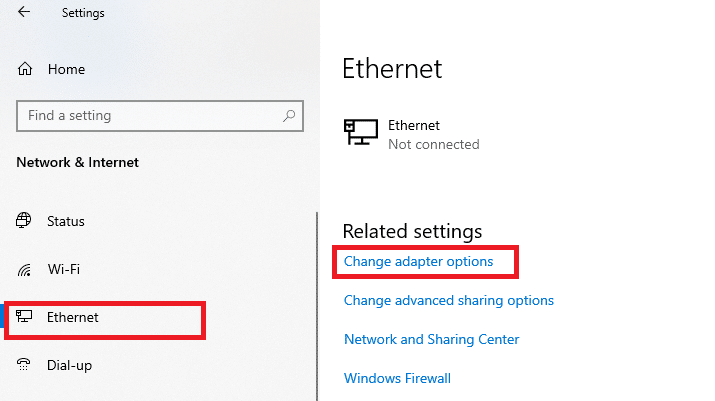 Now, click on the Ethernet tab and select Change adapter options under Related settings 