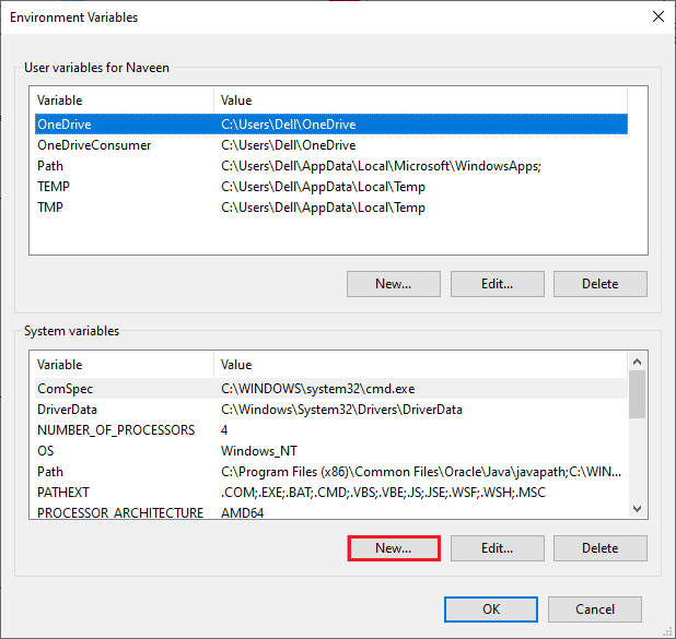 시스템 변수 아래 새로 만들기… 버튼을 클릭하세요. Windows 10에서 Java TM Platform SE 바이너리가 응답하지 않는 문제 수정