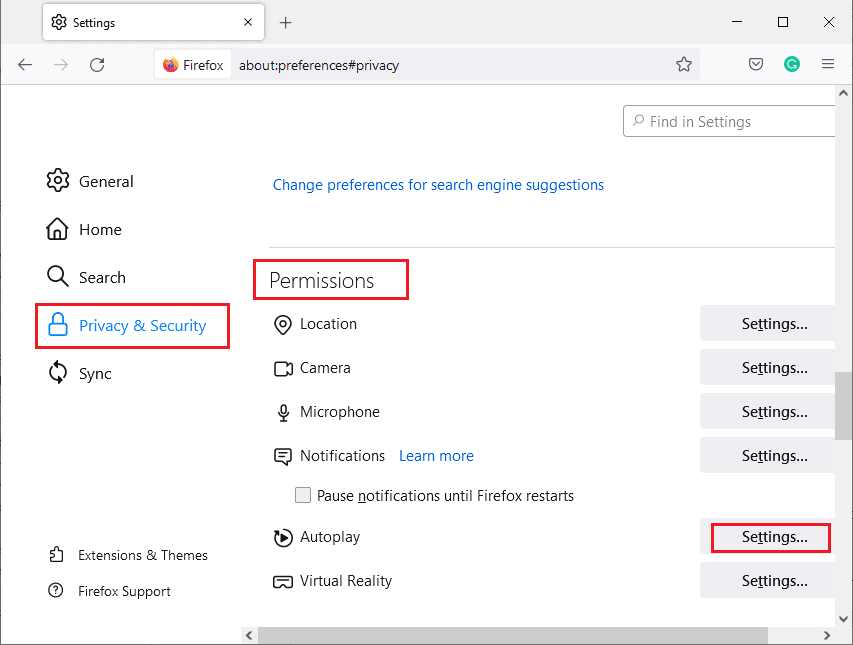 Now, click on the Privacy & Security tab and scroll down to the Permissions section. Fix No Sound in Firefox on Windows 10