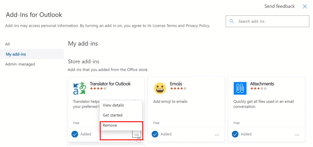 Now click on the three dots option (…) and then select the remove option to remove that add-ins or extension from Outlook. | What is the Outlook Yellow Triangle? | exclamation point on your email icon