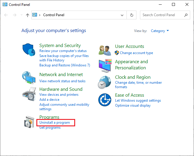 Now, click on Uninstall a program under the Programs menu. Fix Google Chrome Frequently Visited Sites Missing
